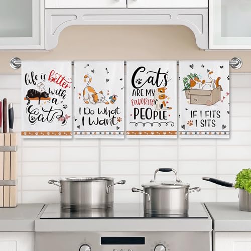 Hexagram Cat Kitchen Towels Set of 4, Cat Lover Gifts for Women, Funny Cute Housewarming Dish Hand Towels for Home Kitchen Decor - Image 2