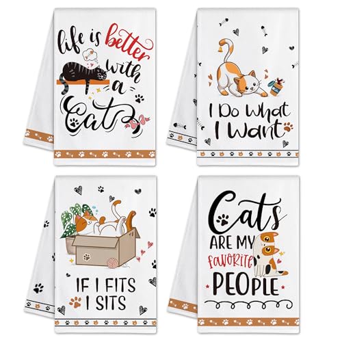 Hexagram Cat Kitchen Towels Set of 4, Cat Lover Gifts for Women, Funny Cute Housewarming Dish Hand Towels for Home Kitchen Decor - Image 1