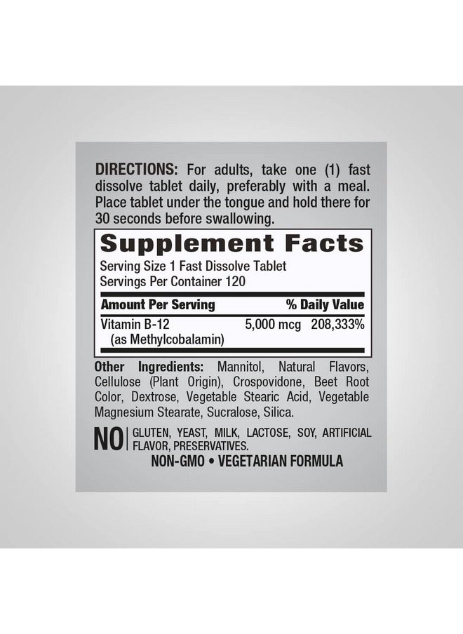 Piping Rock B12 Sublingual Methylcobalamin ; 5000 Mcg ; 120 Fast Dissolve Tablets ; Berry Flavor ; Vegetarian Nongmo Gluten Free Supplement  - Image 3