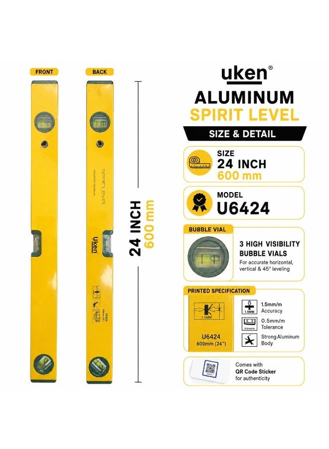 Uken U6424 Spirit Level 600mm 24 Inch With Magnetic Base, Aluminium Bubble Level Ruler With 3 Vials For Construction, Carpentry, Plumbing, Tiling And DIY Work - Image 2