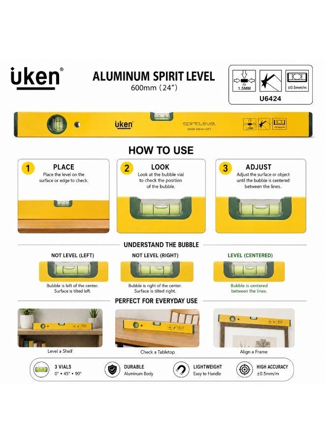 Uken U6424 Spirit Level 600mm 24 Inch With Magnetic Base, Aluminium Bubble Level Ruler With 3 Vials For Construction, Carpentry, Plumbing, Tiling And DIY Work - Image 3