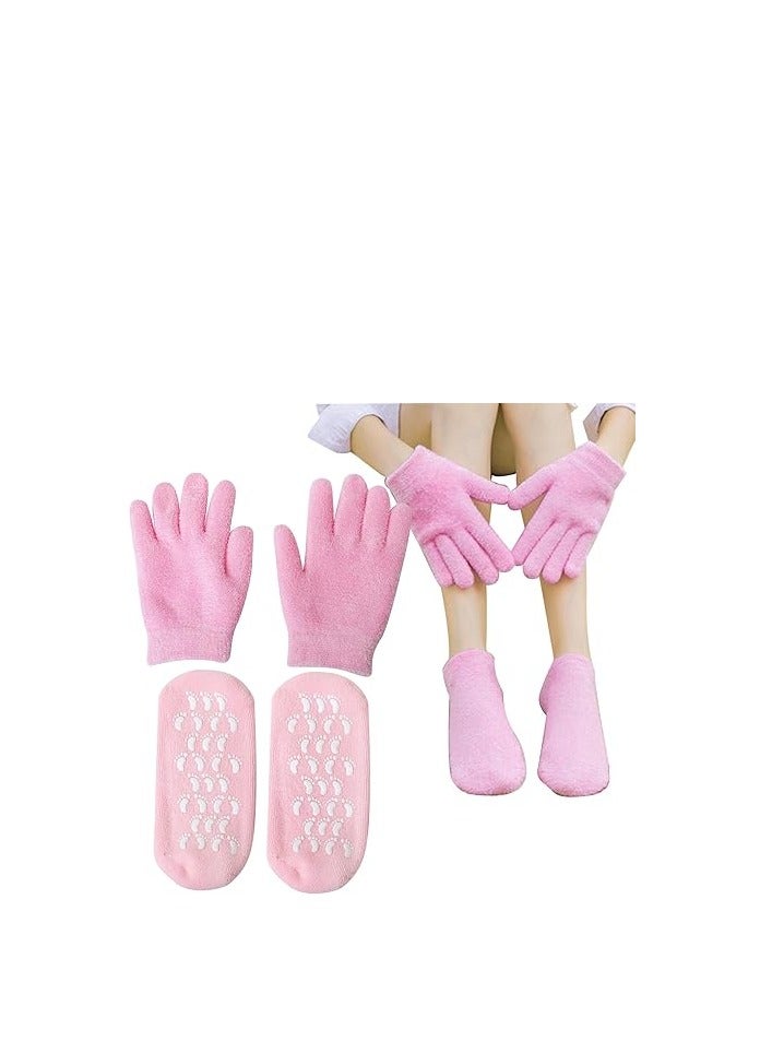 2 Pairs of Moisturising Gel Socks with Gel Gloves for Repairing Softening Cracked Feet, Reusable Foot Mask Socks for Callus Removal, Women's Spa Foot Care (Pink color) - Image 1