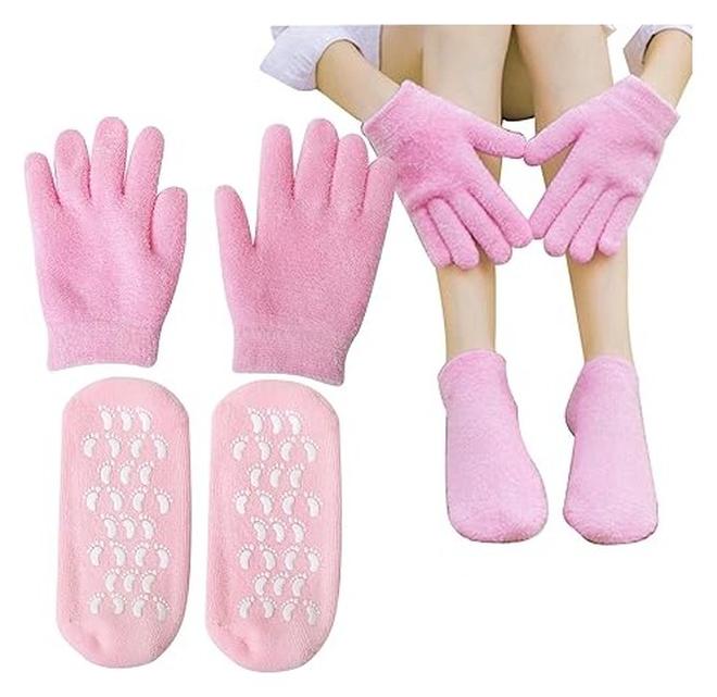 2 Pairs of Moisturising Gel Socks with Gel Gloves for Repairing Softening Cracked Feet, Reusable Foot Mask Socks for Callus Removal, Women's Spa Foot Care (Pink color) - Image 1