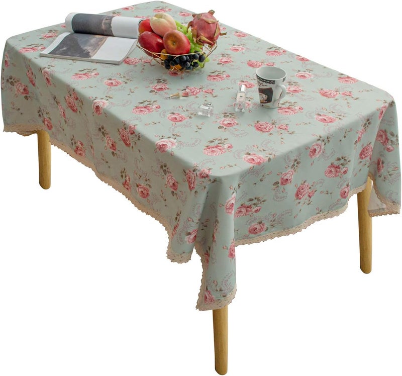 YEESSION Floral Print Rectangle Tablecloth 60 x 84 Inch Stain Resistant and Waterproof Wine Table Cover for Kitchen Dining Indoor Outdoor Buffet Tabletop Decoration (Light Green) - Image 1