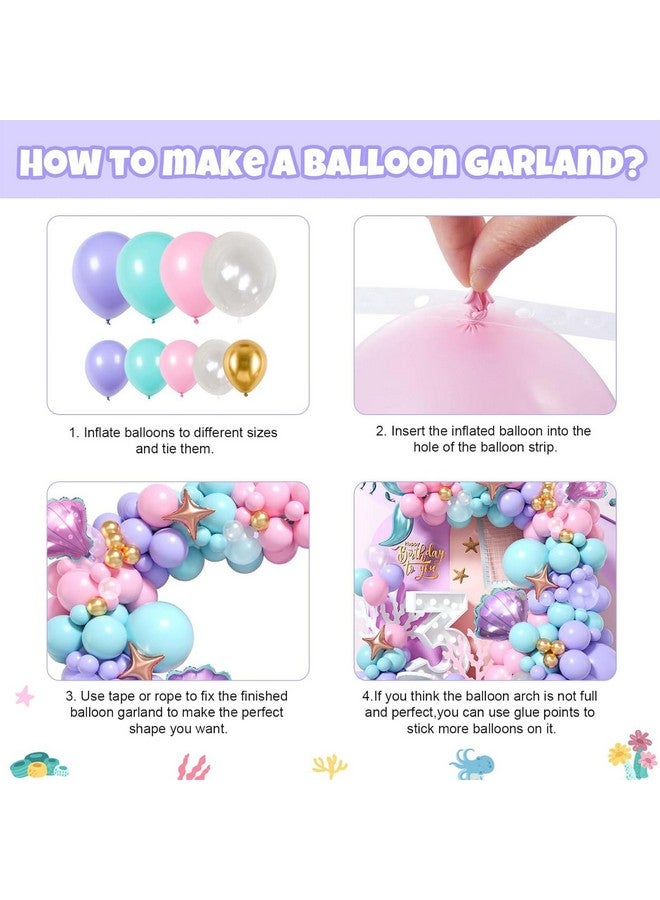 بيابيان طقم قوس بالونات حورية البحر، بالونات لاتكس شفافة باللون الوردي الفاتح والأرجواني والأزرق المخضر والذهبي، بالونات من رقائق معدنية على شكل ذيل حورية البحر على شكل نجمة صدفية للفتيات، زينة حفلات حورية البحر، لوازم حفلات أعياد الميلاد بموضوع المحيط - Image 3