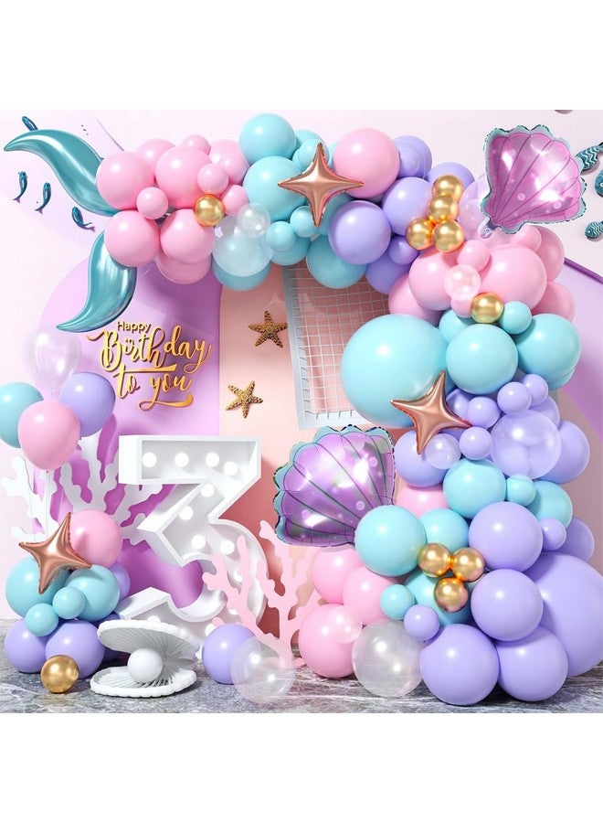 بيابيان طقم قوس بالونات حورية البحر، بالونات لاتكس شفافة باللون الوردي الفاتح والأرجواني والأزرق المخضر والذهبي، بالونات من رقائق معدنية على شكل ذيل حورية البحر على شكل نجمة صدفية للفتيات، زينة حفلات حورية البحر، لوازم حفلات أعياد الميلاد بموضوع المحيط - Image 1