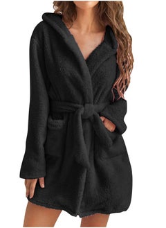 RATSAW Women Hooded Bathrobe Fleece Lightweight Soft Plush Flannel Sleepwear Fleece Hooded Bathrobes Night Sleepwear Women's Mid Length Plush Robe  - Image 1