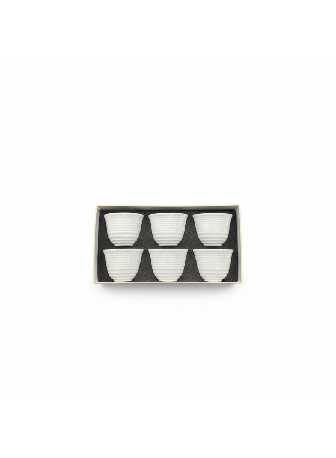 Olive 6-Piece Arabic Coffee Cup Set - Premium White Porcelain Cawa Cups, White Striped Design
