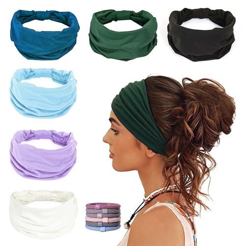 GiLi 6 Pack Wide Headbands for Women Non Slip Soft Elastic Hair Bands Yoga Running Sports Workout Gym Head Wraps, Knotted Cotton Cloth African Turbans Bandana (with 6 Pcs Hair Ties) - Image 1