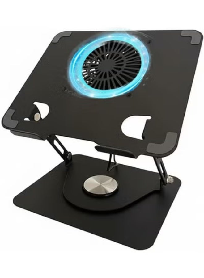 360-degree rotating laptop stand with built-in cooling fan, made of carbon steel, for 12-17 inch devices and supports up to 5 kg. - Image 1