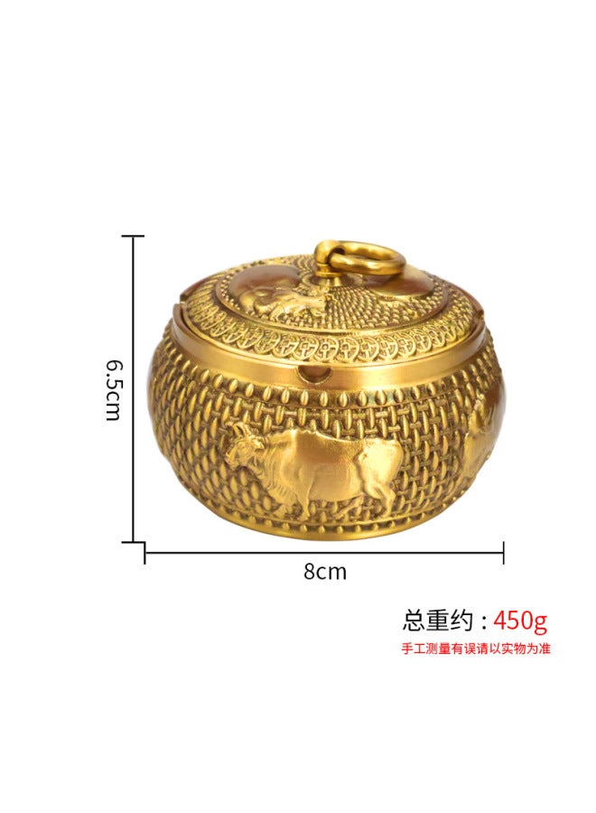 Brass Wuniu Ashtray With Lid Household Living Room Fly Ash-proof High-end Office Chinese Creative Vintage Ornaments
