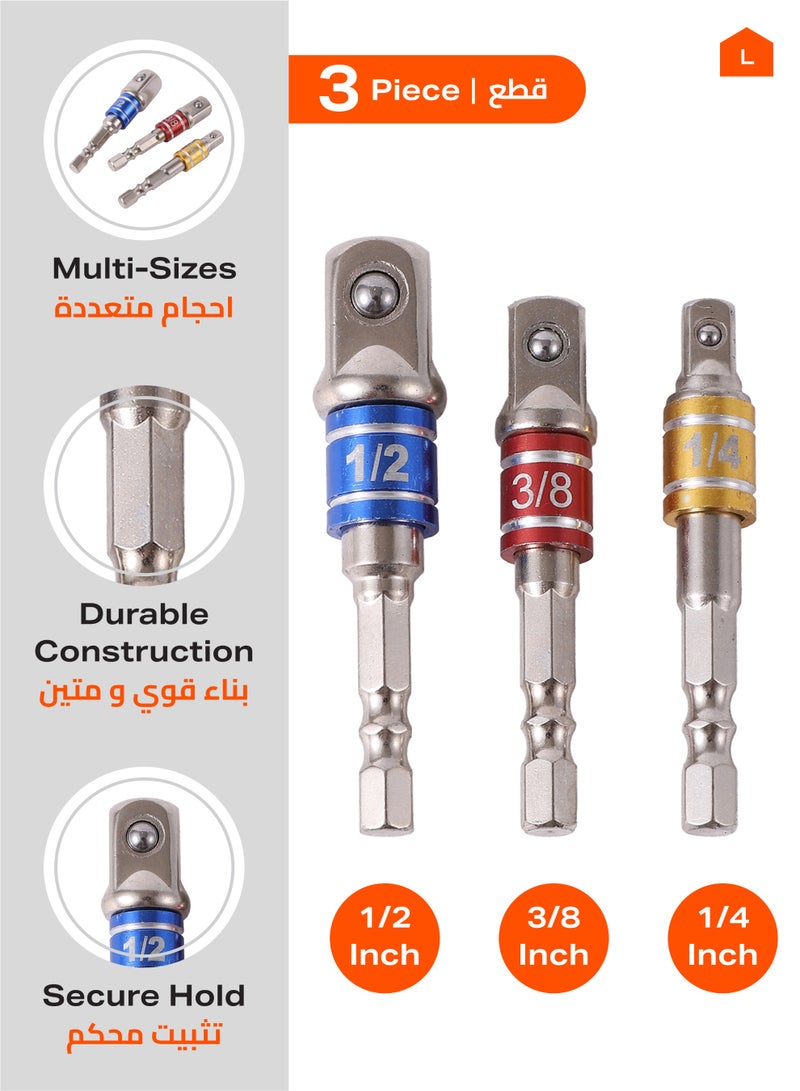 لوازم محولات مقبس من 3 قطع  | مجموعات محول مقابس، أدوات يدوية كهربائية، صواميل سداسية مربعة ومفك مثقاب مطرق، مقبس تمديد لقمة تمديد - Image 2