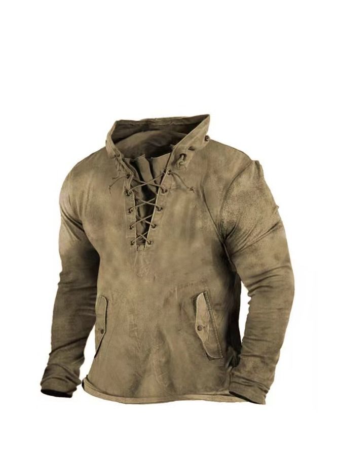 Loquat Men's Retro Outdoor Tactical Lace-up Hoodie Fall Solid Color Casual Hoodie 