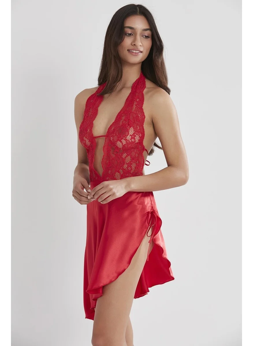 بيير كاردان 805 Women's Chiffon Lace Nightgown - Claret Red