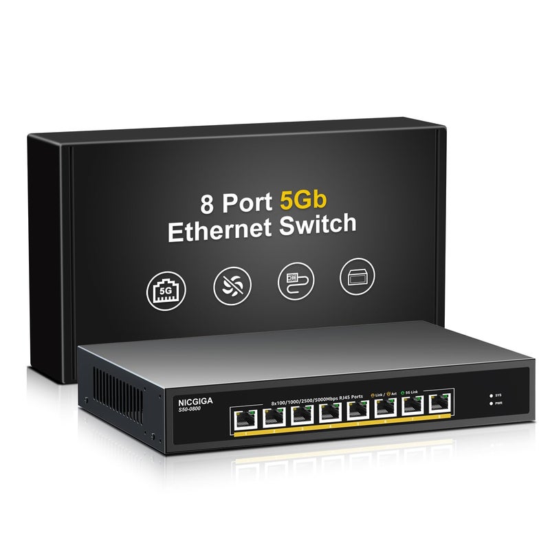 NICGIGA 8 Port 5G Ethernet Switch Unmanagedwith 8X 5Gb BaseT Ports NICGIGA 5Gbps Network Switch Easy for 5G NASPCWiFi7 Router5Gbe AdapterNIC Desktop or 19inch Rack Mount Plug and Play - Image 2