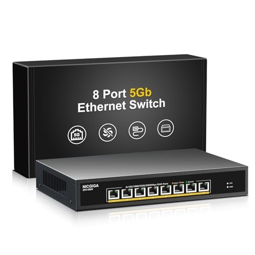 NICGIGA 8 Port 5G Ethernet Switch Unmanagedwith 8X 5Gb BaseT Ports NICGIGA 5Gbps Network Switch Easy for 5G NASPCWiFi7 Router5Gbe AdapterNIC Desktop or 19inch Rack Mount Plug and Play - Image 1