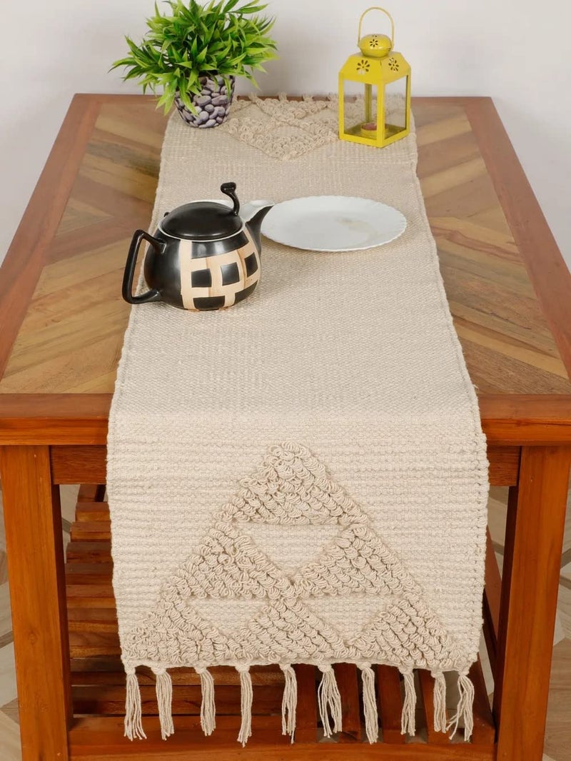 pepme pepme Knitted Tufted Table Runner Triangles Tassles OffWhite 14x64 