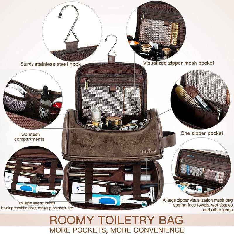 Elviros Toiletry Bag, Mens Leather Travel Organizer Kit with hanging hook, Large Water-resistant Toiletries Bathroom Shaving Bags for Women (Coffee) - Image 3