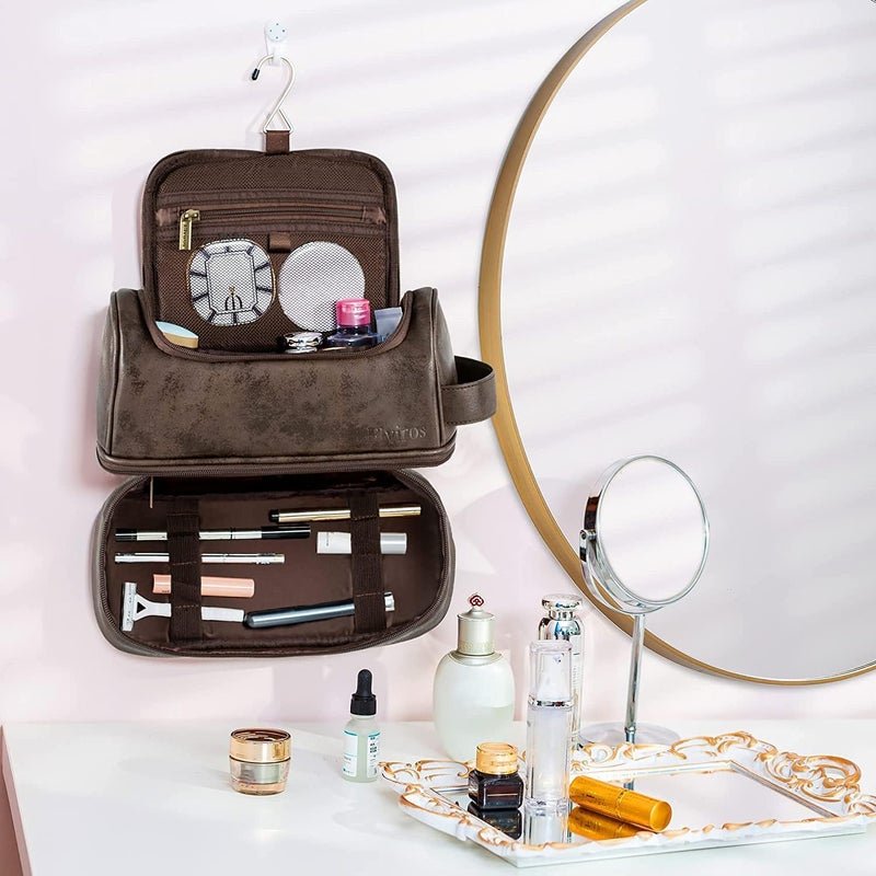 Elviros Toiletry Bag, Mens Leather Travel Organizer Kit with hanging hook, Large Water-resistant Toiletries Bathroom Shaving Bags for Women (Coffee) - Image 5