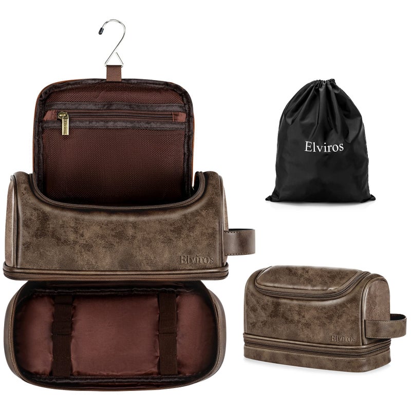 Elviros Toiletry Bag, Mens Leather Travel Organizer Kit with hanging hook, Large Water-resistant Toiletries Bathroom Shaving Bags for Women (Coffee) - Image 1
