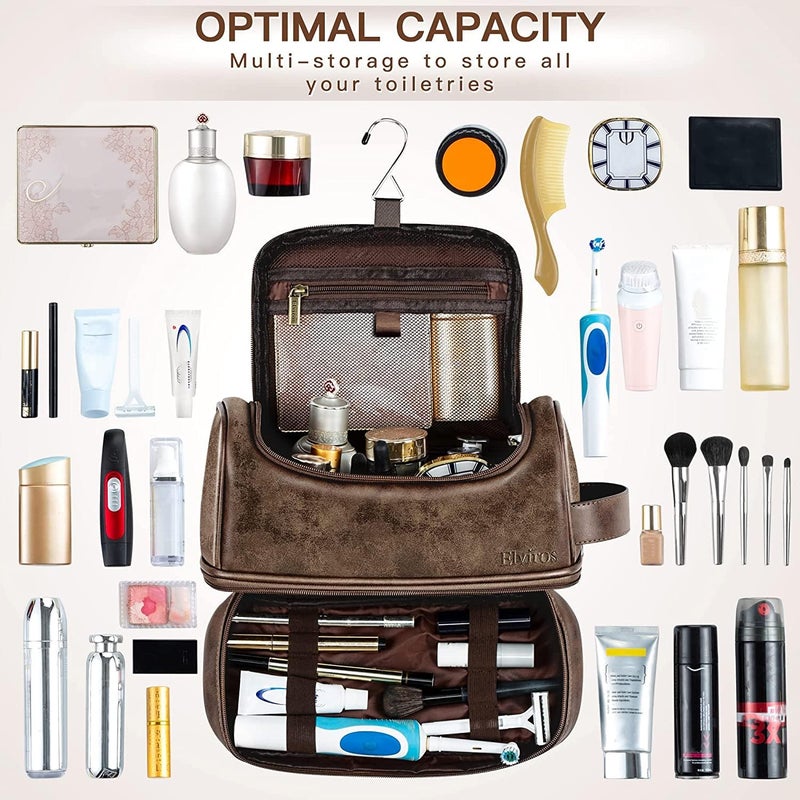 Elviros Toiletry Bag, Mens Leather Travel Organizer Kit with hanging hook, Large Water-resistant Toiletries Bathroom Shaving Bags for Women (Coffee) - Image 2
