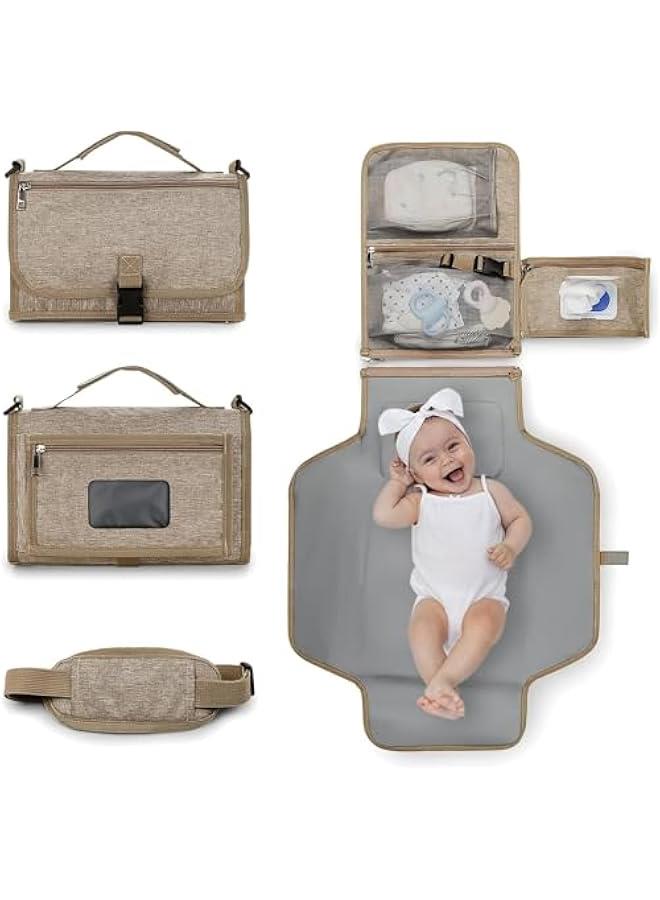 HOOKOR Durku Portable Nappy Changing Mats with Wipes Pocket Travel Baby Changing Pads with Head Cushion for Infants Waterproof Diaper Changing Pads Newborn Essentials (Khaki) - Image 1