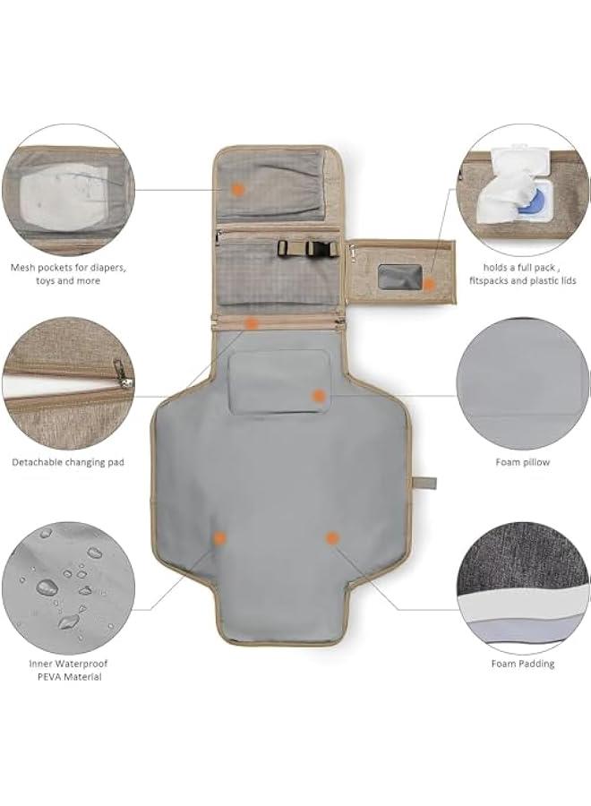 HOOKOR Durku Portable Nappy Changing Mats with Wipes Pocket Travel Baby Changing Pads with Head Cushion for Infants Waterproof Diaper Changing Pads Newborn Essentials (Khaki) - Image 5