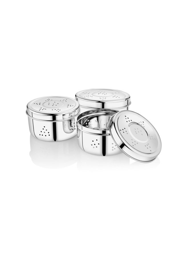 EMBASSY Stainless Steel Hole Puri Box/Container with Air Ventilation | Set of 3 | Capacity - 550,675,900 ml | Sprout Maker Box | Coriander Storage Box for Fridge - Image 1