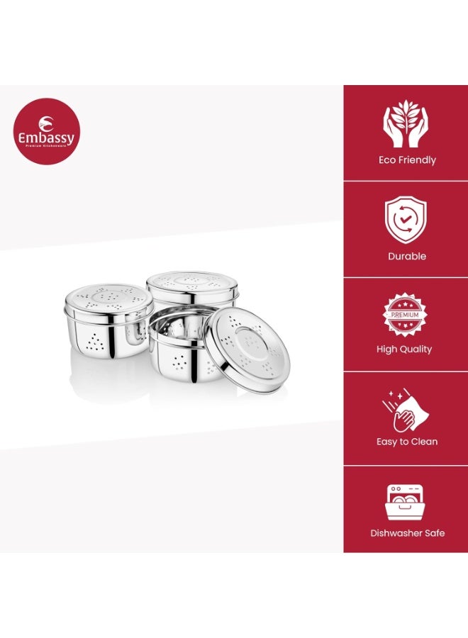 EMBASSY Stainless Steel Hole Puri Box/Container with Air Ventilation | Set of 3 | Capacity - 550,675,900 ml | Sprout Maker Box | Coriander Storage Box for Fridge - Image 3