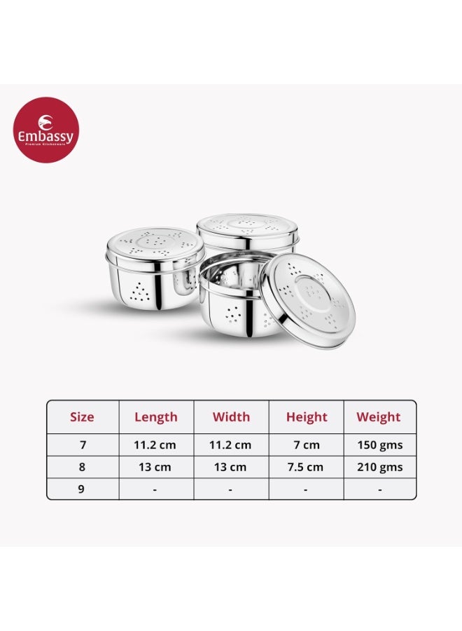 EMBASSY Stainless Steel Hole Puri Box/Container with Air Ventilation | Set of 3 | Capacity - 550,675,900 ml | Sprout Maker Box | Coriander Storage Box for Fridge - Image 2