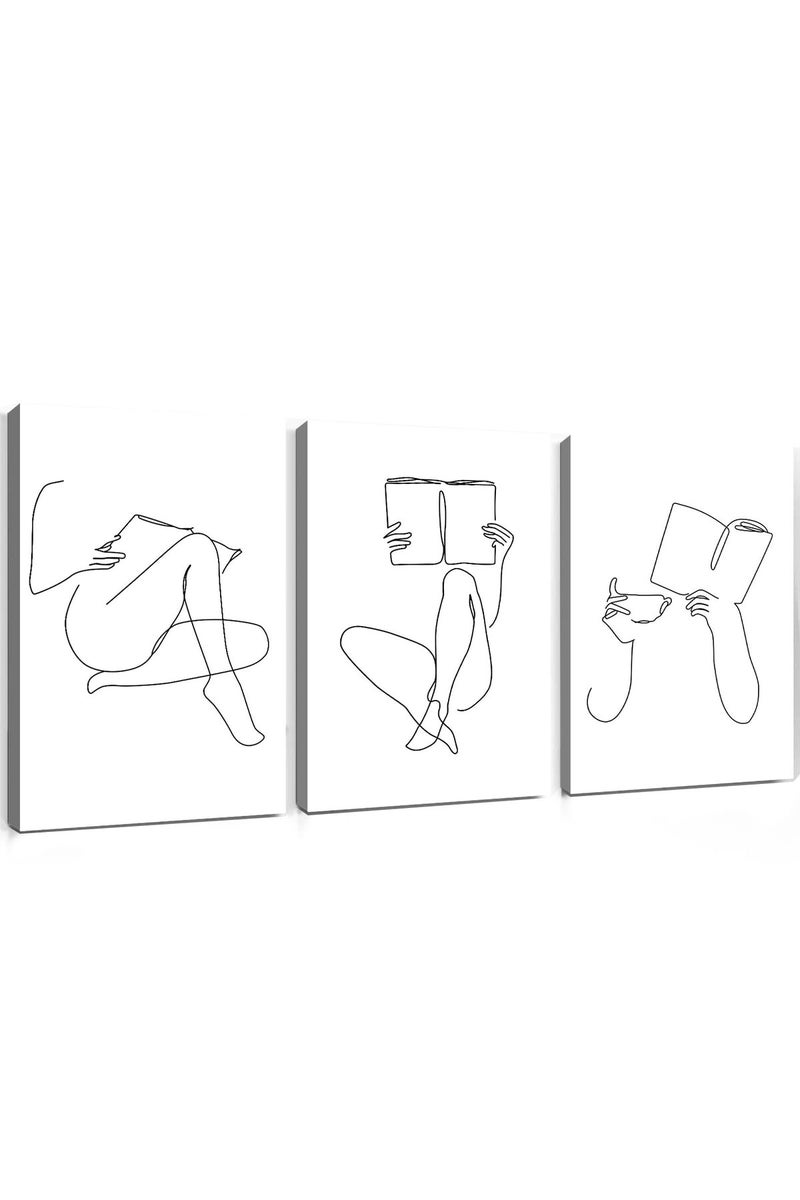Wallvelart Woman Reading Canvas Wall Art Black and White Pictures Minimalist Line Art Prints Women Silhouette Painting Coffee Cup Poster Reading Room Artwork Minimalist Women Silhouette Art 16x24inchx3 No Frame - Image 1