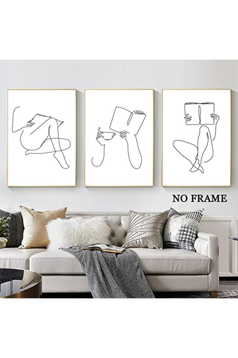 Wallvelart Woman Reading Canvas Wall Art Black and White Pictures Minimalist Line Art Prints Women Silhouette Painting Coffee Cup Poster Reading Room Artwork Minimalist Women Silhouette Art 16x24inchx3 No Frame - Image 2