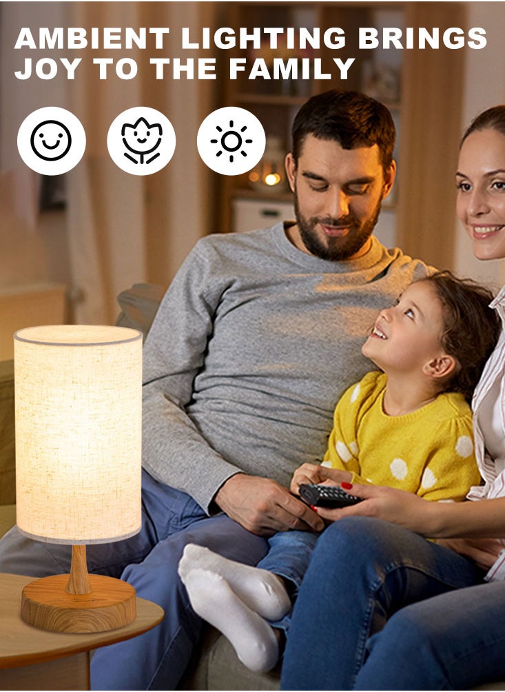 Perfii Bedside Table Lamp, USB switch cable LED Bedrooms Lamps, Nightstand Desk Lamp, Minimalist Solid Wood Round Base with Fabric Shade for Living Room, Kids Room, Office  - Image 3