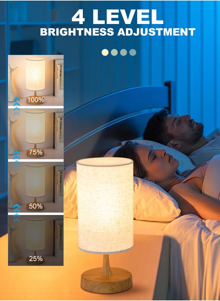 Perfii Bedside Table Lamp, USB switch cable LED Bedrooms Lamps, Nightstand Desk Lamp, Minimalist Solid Wood Round Base with Fabric Shade for Living Room, Kids Room, Office  - Image 2