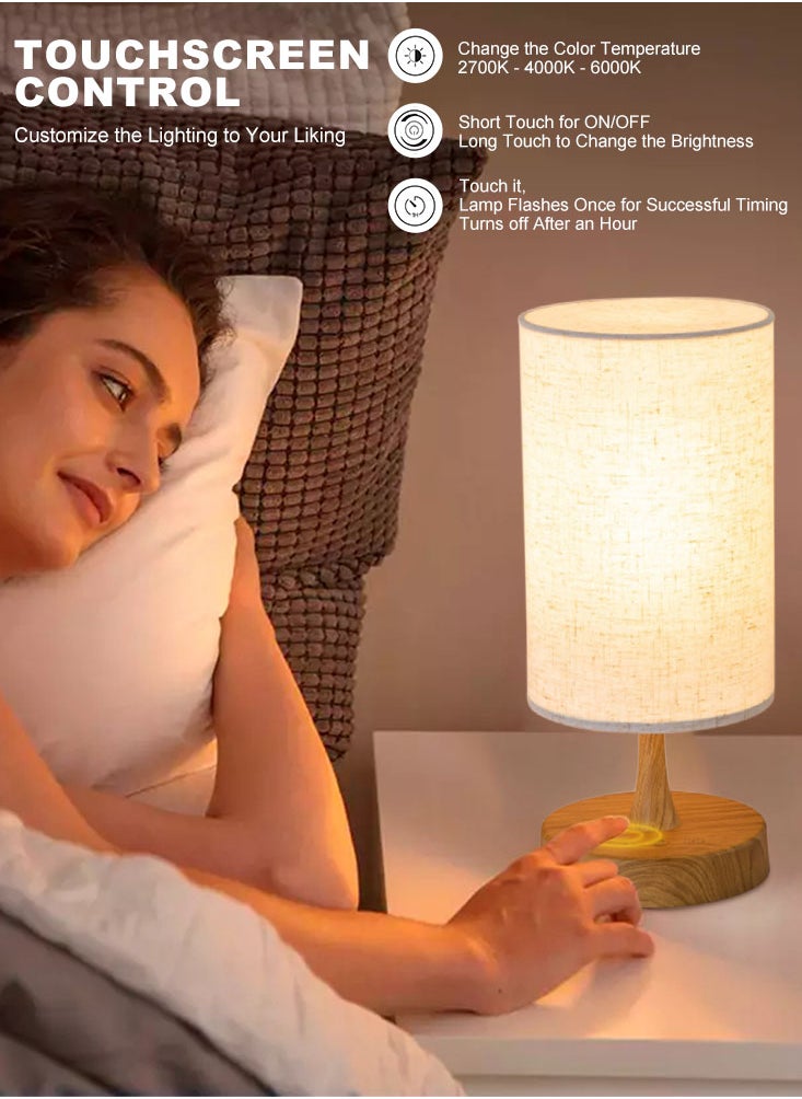 Perfii Bedside Table Lamp, USB switch cable LED Bedrooms Lamps, Nightstand Desk Lamp, Minimalist Solid Wood Round Base with Fabric Shade for Living Room, Kids Room, Office  - Image 5