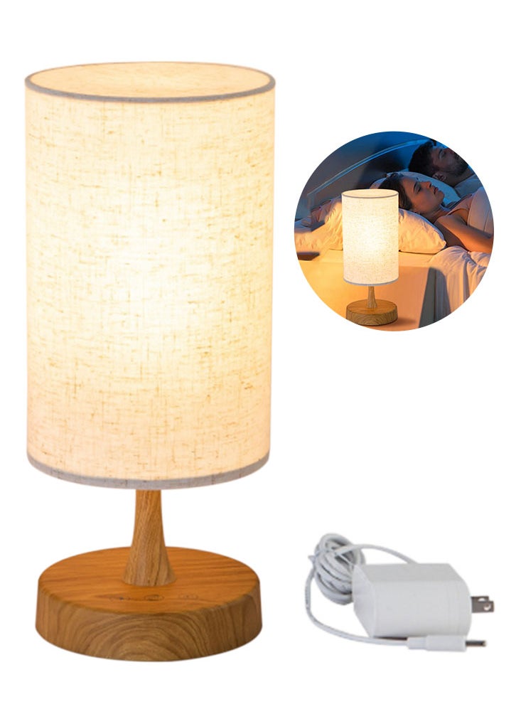 Perfii Bedside Table Lamp, USB switch cable LED Bedrooms Lamps, Nightstand Desk Lamp, Minimalist Solid Wood Round Base with Fabric Shade for Living Room, Kids Room, Office  - Image 1