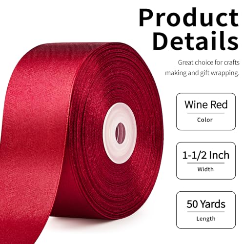Mauproy 1-1/2 Inch Wide Wine Red Satin Ribbon, 50 Yards Solid Polyester Fabric Ribbon for Roses Making, Gift Wrapping, Valentine's Day, Wedding Decorations, Crafts, Bows - Image 2