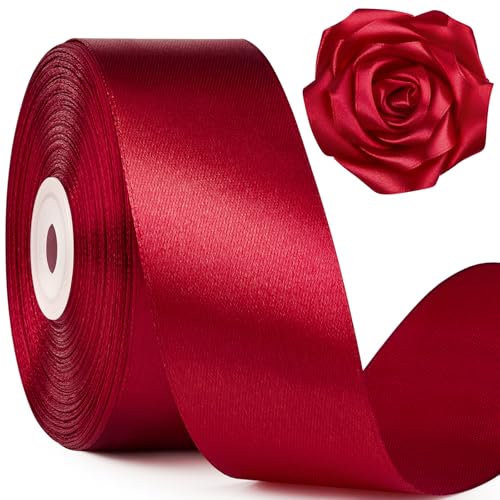 Mauproy 1-1/2 Inch Wide Wine Red Satin Ribbon, 50 Yards Solid Polyester Fabric Ribbon for Roses Making, Gift Wrapping, Valentine's Day, Wedding Decorations, Crafts, Bows - Image 1