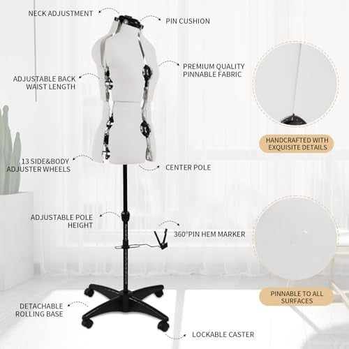 PDM WORLDWIDE Beige Adjustable Dress Form Mannequin for Sewing Female Size 6-14, Pinnable Model Body with 13 Dials, Detachable Casters, 42.5"-60" Height Range for Clothing Display, Small to Medium - Image 5