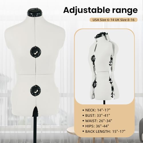 PDM WORLDWIDE Beige Adjustable Dress Form Mannequin for Sewing Female Size 6-14, Pinnable Model Body with 13 Dials, Detachable Casters, 42.5"-60" Height Range for Clothing Display, Small to Medium - Image 2