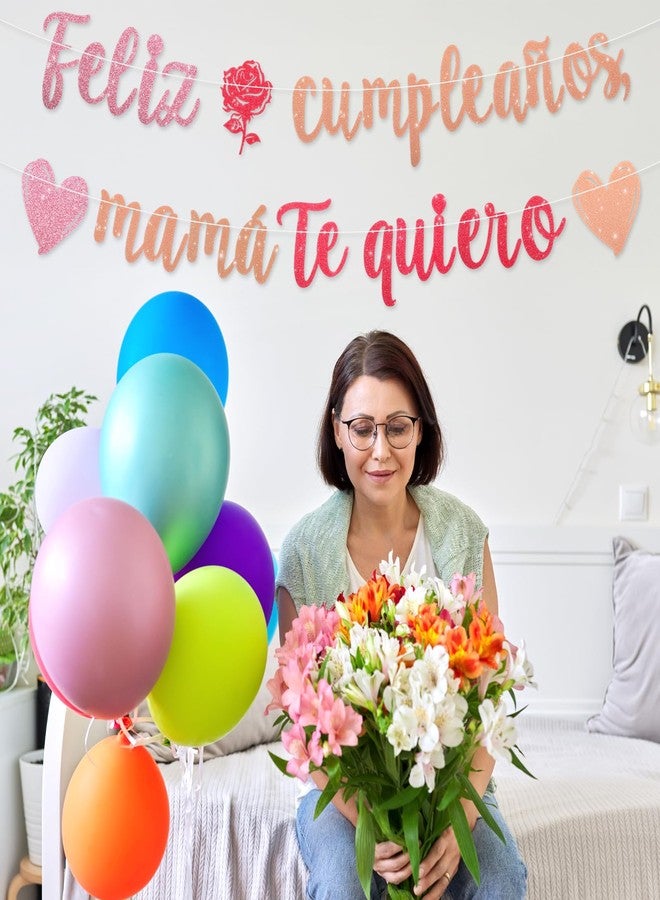 Amabro Feliz Cumpleaños Mamá Banner Spanish Mexico Happy Birthday Mom Backdrop Sign Photography Background Mama I Love You/Best Mom Ever Happy Mother’s Day Rose Heart Backdrop Decorations - Image 3