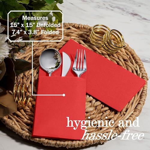 NAPEREE 100-Pack Disposable Napkins With Pocket For Flatware, Red Napkins Paper For Christmas, Wedding, Dinner Or Party, Built-In Pocket For Silverware, Prefolded - Image 4