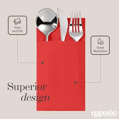 NAPEREE 100-Pack Disposable Napkins With Pocket For Flatware, Red Napkins Paper For Christmas, Wedding, Dinner Or Party, Built-In Pocket For Silverware, Prefolded - Image 3