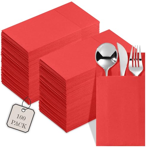 NAPEREE 100-Pack Disposable Napkins With Pocket For Flatware, Red Napkins Paper For Christmas, Wedding, Dinner Or Party, Built-In Pocket For Silverware, Prefolded - Image 1