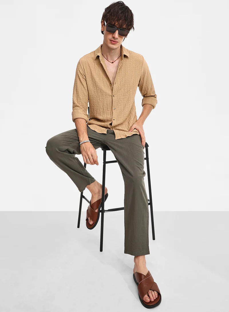 Campus Sutra Men's Buff Beige Micro Hexagon-Lined Shirt