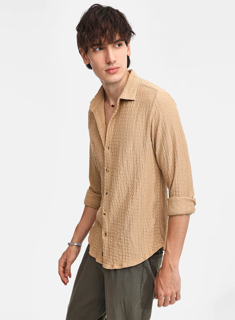 Campus Sutra Men's Buff Beige Micro Hexagon-Lined Shirt