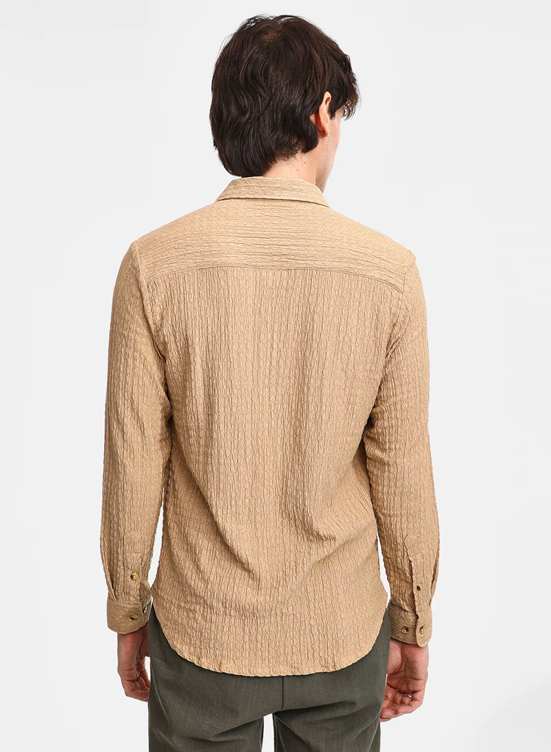 Campus Sutra Men's Buff Beige Micro Hexagon-Lined Shirt