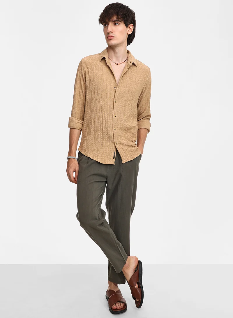 Campus Sutra Men's Buff Beige Micro Hexagon-Lined Shirt