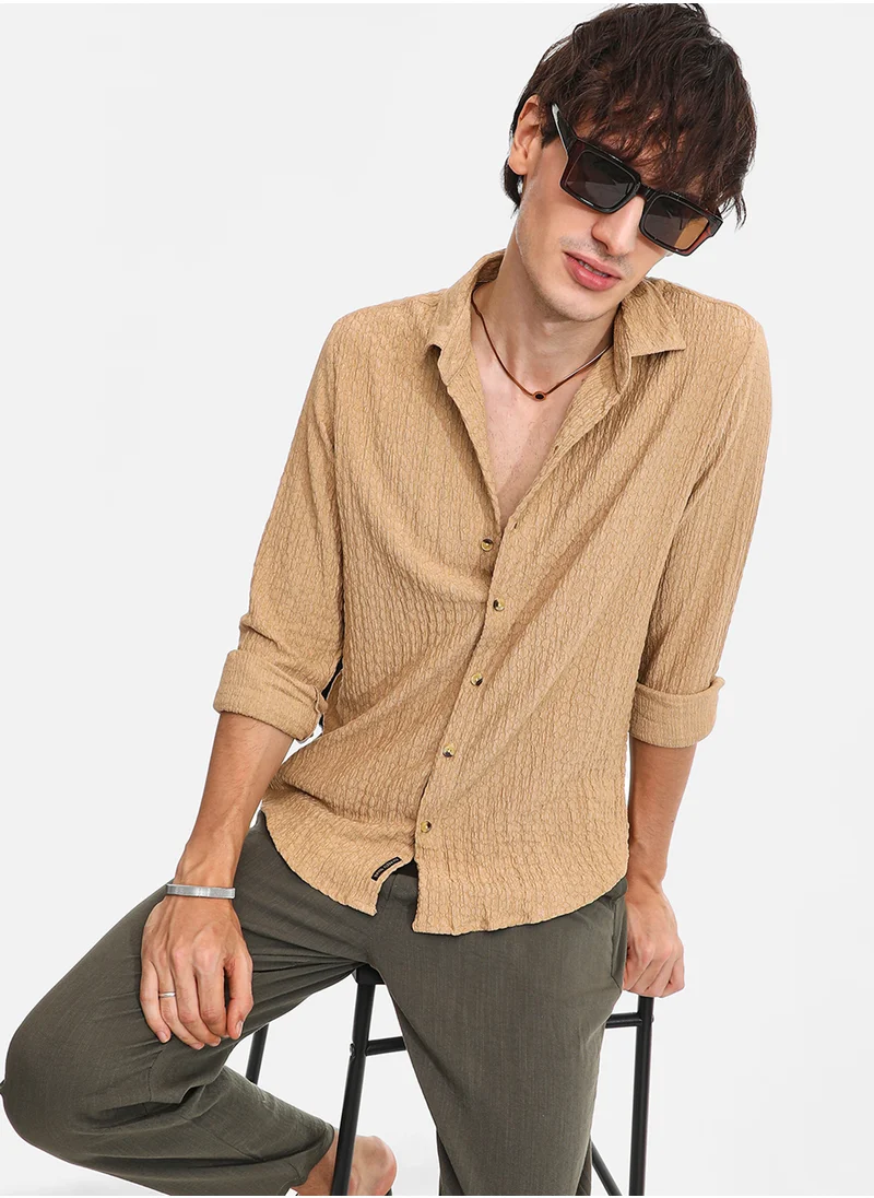 Campus Sutra Men's Buff Beige Micro Hexagon-Lined Shirt