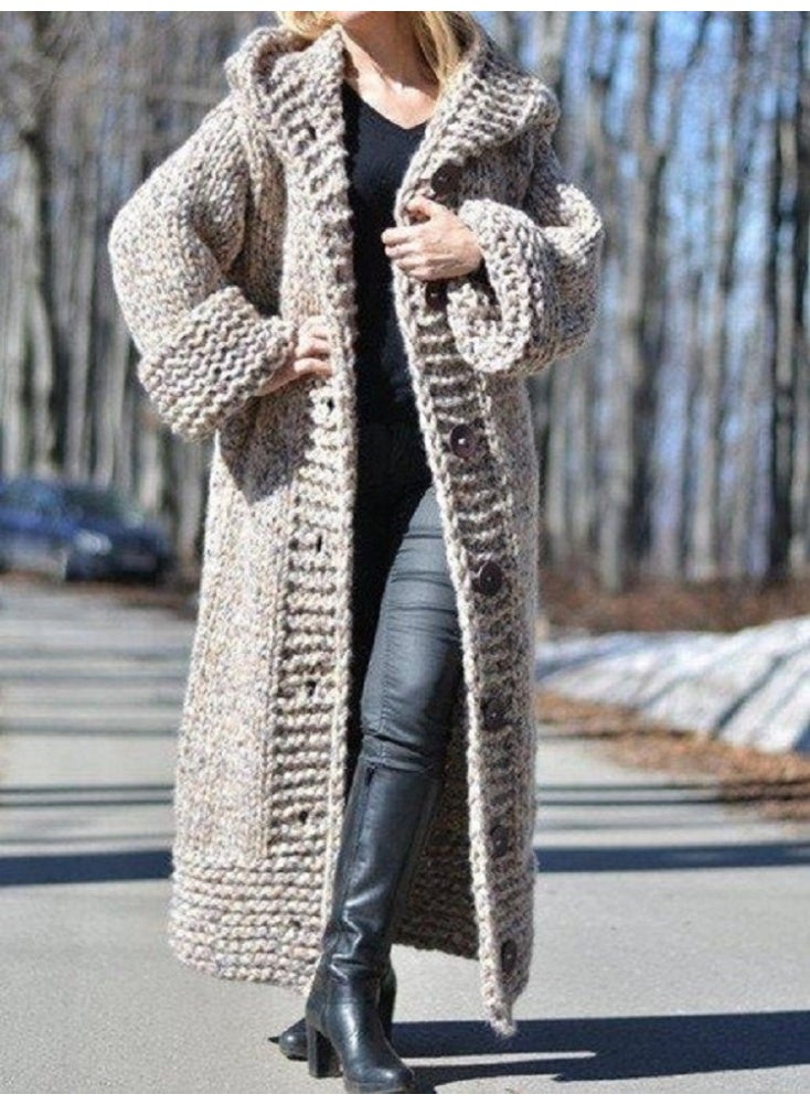 NIBEMINENT Women Hooded Knit Sweater Thick Coat Button Long Jumpers Solid Elegant Loose Coats Jumpers Casual Lady Winter - Image 1